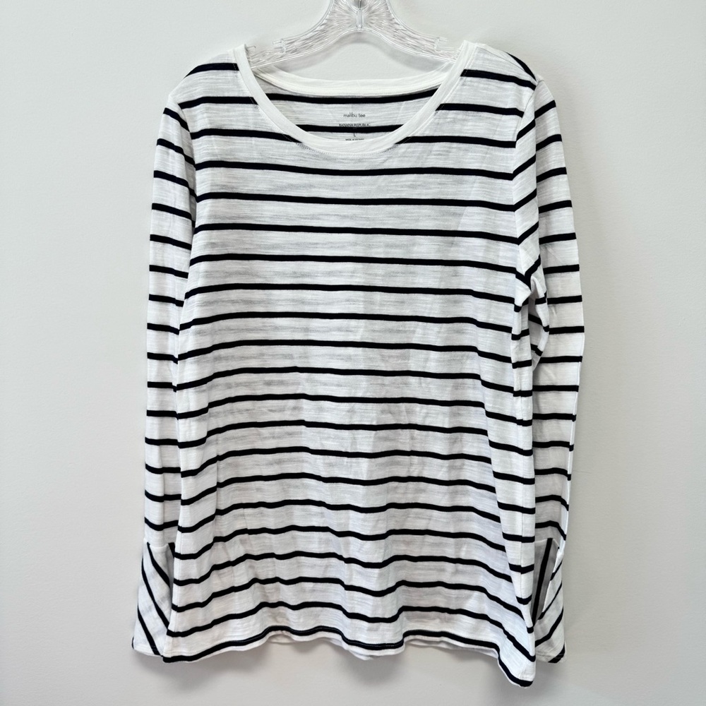 NWT Banana Republic Scoop Neck Malibu Tee Navy & White Striped Bell Cuffs Size L